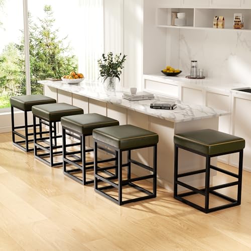 Image of Bar Stools Set of 5, 24in Counter Height Barstools, Faux Leather Counter Stools with Thick Square Seats & Sturdy Metal Base, Modern Bar Chairs for Kitchen Island (Green)