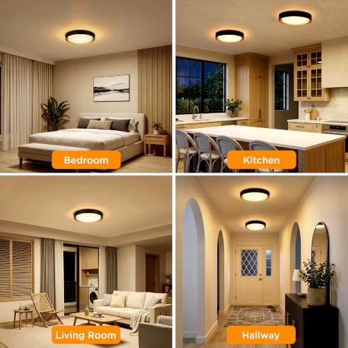 Image of LUTEC Flush Mount Ceiling Light, Matte Black with Gold Interior, 13in 23W Dimmable LED Ceiling Lights, 3000K Daylight, 3000lm Super Bright Energy-Efficient Modern Lamp for Bedroom, Hallway, Kitchen