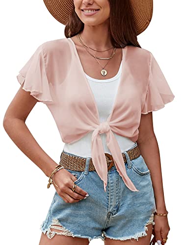 Image of ZAFUL Women's Chiffon Cropped Bolero Sheer Shrugs for Dress Short Sleeve Tie Front Cardigan