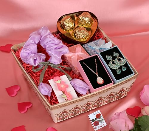 Image of Mantouss Rakhi Gift Hamper for Sister - Decorated Basket with Chocolates in Heart Shaped Box, Pair of Jhumki, Satin Scrunchy with Tulips, Pendent Set, Flower Hair Pin, Best Wishes Card