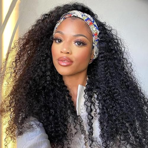 Image of Headband Wig Human Hair Kinky Curly Glueless Wigs 28 Inch Natural Black