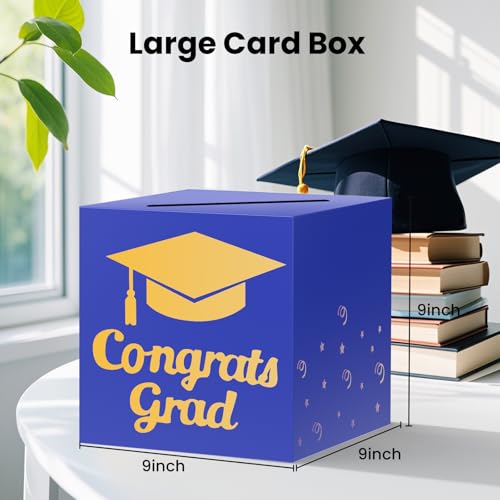 Image of OLANRUN 9 inch Graduation Card Box, Graduation Decorations 2026 - Congrats Grad Foldable Cardstock Money Box for Class of 2026 Grad Party Decor (Blue Gold)