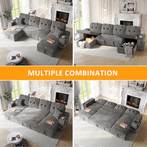 Image of Modular Sectional Sleeper Sofa Bed, 117 inch U-Shaped Sofa with Dual Storage Chaise | Reclining Backrest | Wide Armrest, Couches for Living Room, 4 in 1 Pull Out Couch Bed, Grey