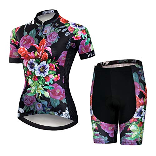 Womens Cycling Jersey Sets Sports Breathable Padded Cycling Clothing Cycling Wear Summer Purple Flower XL