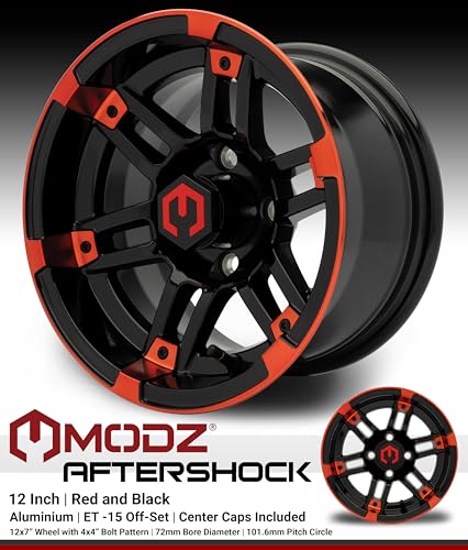 MODZ® Aftershock Red and Black 12" Golf Cart Wheels and Arisun Cruze (215/50-12) DOT Low Profile Golf Cart Tires Combo - Set of 4