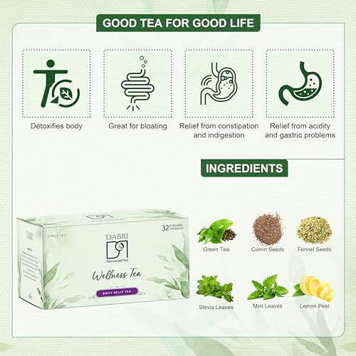 Image of Dabri Daily Belly Wellness Tea 32 Pyramid Dip Tea Bags |Herbal Blend for Digestion |Pure Natural Taste |Detox Tea for Bloating, Constipation, Acidity & Gas Relief |Supports Gut Health & Comfort Daily