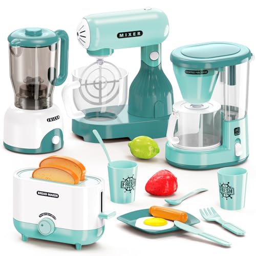 BRIGPICIOUS Kids Play Kitchen Accessories Toys Set Pretend Play Kitchen Appliances Kit - Blender Coffee Maker Mixer Toasters with Light & Sound Playhouse Role Play Toy Gift for Girl Ages 3 4 5 6