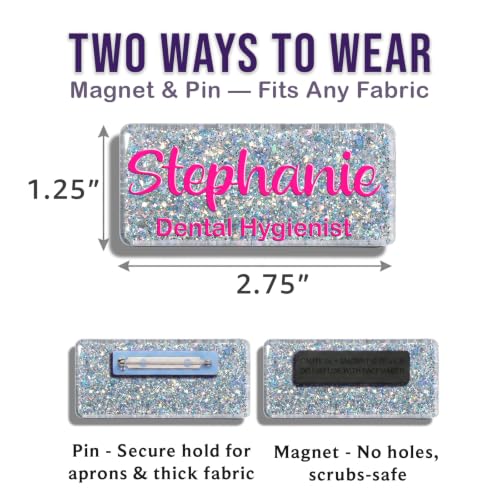 Personalized Glitter Name Tag for Women - Custom Sparkly Acrylic Name Badge with Magnetic & Pin Back - Handmade Glitter Name Plate for Nurses Teachers - Cute Coworker Gift (Chunky Silver) - Image 3