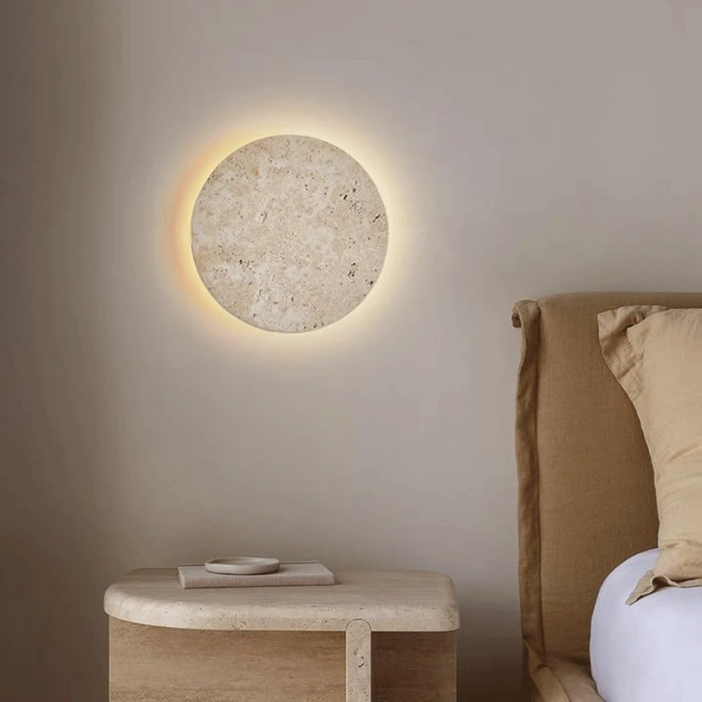 Styl skandynawski lampa ścienna z kamienia naturalny żółty trawertyn abażur kinkiet ścienny okrągły kryty wewnętrzne kinkiety do salonu jadalnia korytarz gabinet dekoracja oświetlenia domu(4000K)