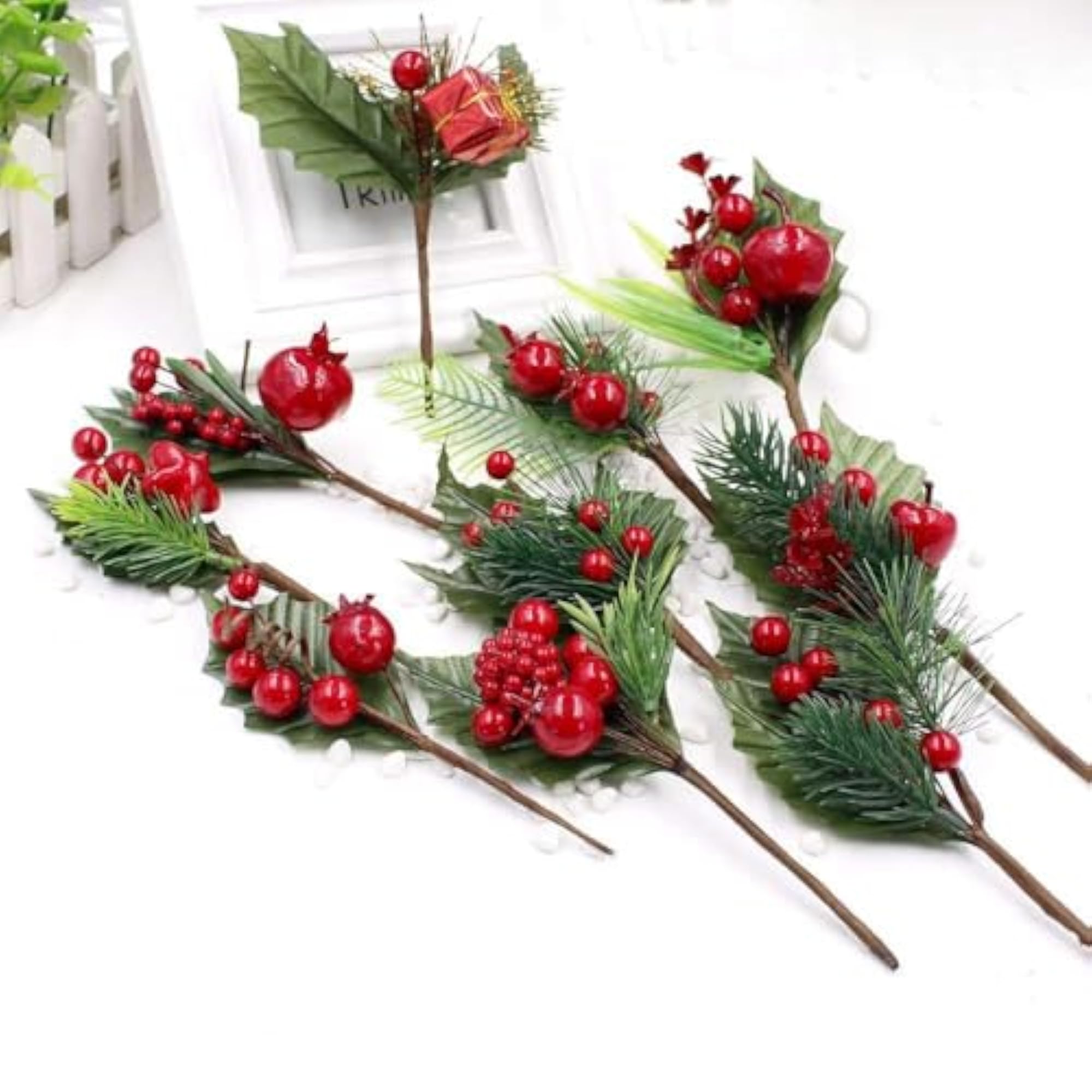 Artificial Red Berry Stems Pine Branch Picks for Holiday Decor