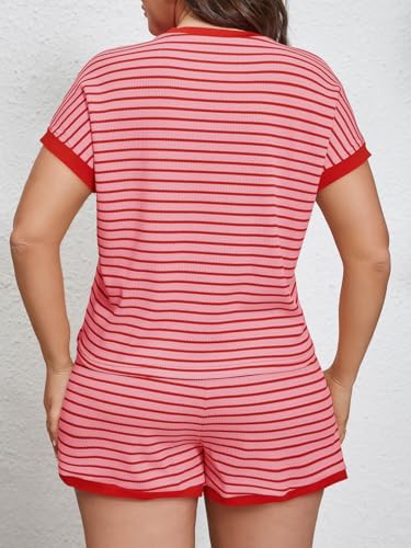 Image of Beautife Womens Plus Size Lounge Set 2 Piece Outfits Stripe Short Sleeve Shirts Tops Shorts Summer Casual Loungewear