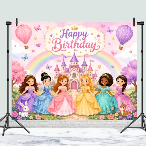 Image of Princess Theme Birthday Backdrop | Royal Castle Happy Birthday Banner | Fairytale Party Decoration | Girls Photo Booth Background (Pack of 1, Size: 5x4 Feet)