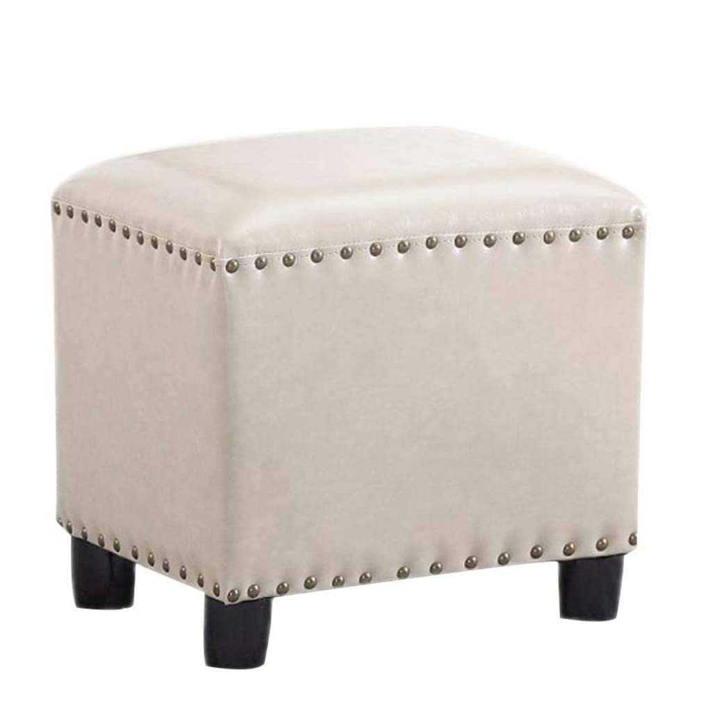 Ottoman carré beige en cuir et bois massif pour le salon