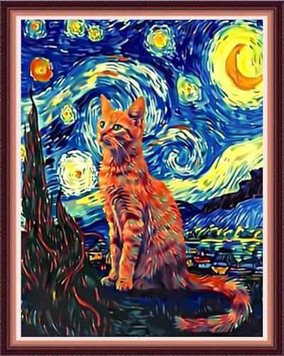 Image of Funxvoot Stamped Cross Stitch Kits for Beginners or Adults Embroidery Starter Patterns | DIY Needlepoint for Adults 11CT-Cat Appreciation of Van Gogh Stars and Moon 16x20 inch