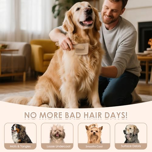 Image of Large Dog 3 in 1 Grooming Kit, Extra Long Pin Dog Slicker Brush | Ideal for Goldendoodles, Poodles; wooden handle; undercoat rake; removing thick mats; tangle deshedding.