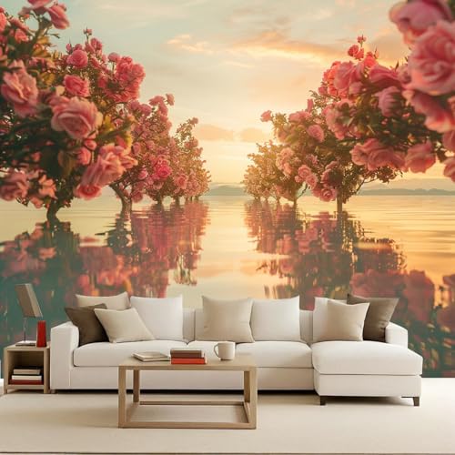 Papel Pintado Mar Playa Naturaleza Paisaje Flores 200x140 cm Efectos 3D Papel Tapiz Fotográfico Tejido No Tejido Mate Póster Fotomurales Decoración Pared Para Dormitorio Salón Decorativos Murales