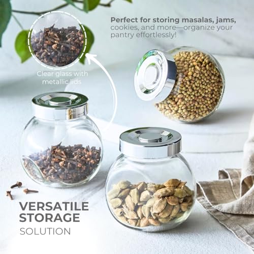 Image of Yera Spice Glass Jars with Durable Metallic Lids | for Kitchen Pantry, Snacks, Masala, Honey, Jams, Pickles, Cookies, Dry Fruits Storage | 195 ml, Set Of 12, Transparent Clear Glass-White