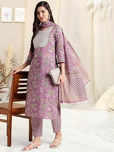 Image of MIRCHI FASHION Pure Cotton Women Straight Print & Thread Embroidery Kurti Set with Dupatta & Pant
