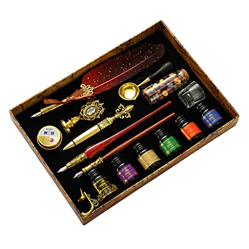 Retro Writing Quill Dip Pen Wax Kit Exquisite Wood Dip Pen Glass Calligraphy Pen Quill Dip Pen Set Gift For Beginners Calligraphy Pen Penholder Set With Ink Professional For Writing Beginners Left #TOP4