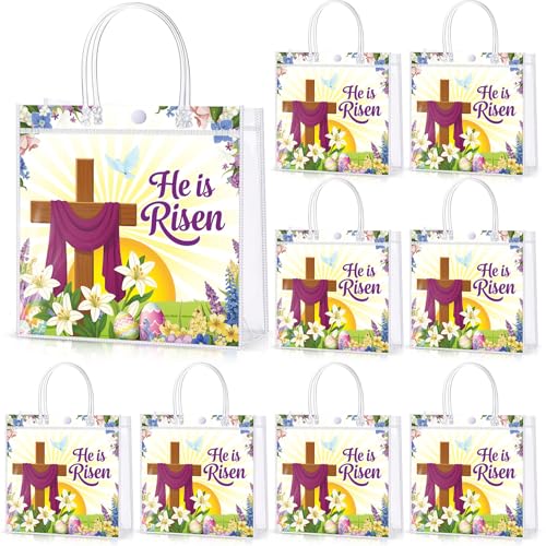 Hosuly 24 Pcs Easter He Is Risen Gift Bags Bulk Clear PVC Bags with Handle Cross Treat Candy Goodie Pouches Religious Party Favors Stuffed for Easter Church Christian Events VBS Sunday School Decor