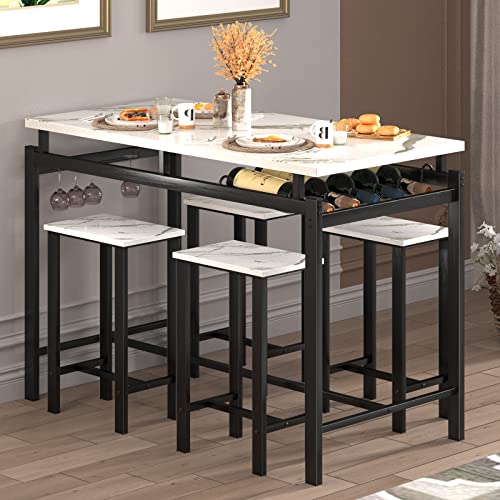 Basenji Dining Table Set For 4, 5 Piece Kitchen Table And Chairs With Wine Rack And Glass Holder, Bar Table And Chairs Set Space Saving For Pub Breakfast (White Statuario Wine Rack) #TOP1