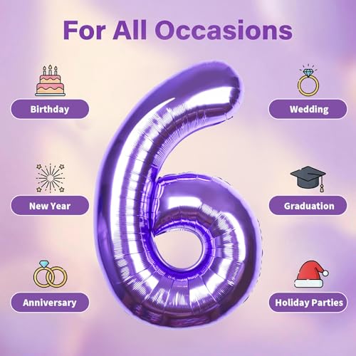 Image of Number Balloons for Birthday Decorations - 40 Inch Large Party Balloons 6, Purple Foil Number Balloons for Boys Girls, Balloons for Party Supplies
