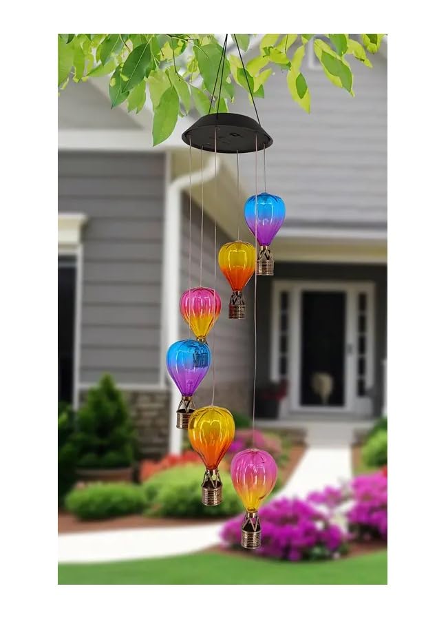 Hanging Solar Hot Air Balloon LED Garden Light Mobile, Flame Effect Lantern Wind Chime, 80 cm Hanging String Decoration, Multicoloured Decorative Garden Ornament