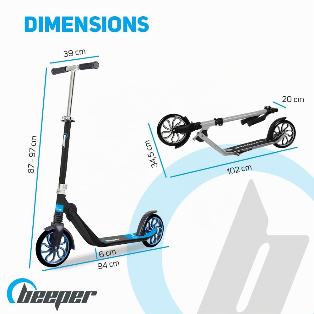 Beeper - Trottinette ado & Adulte Roues 8'' Suspension Avant City Scoot avec ou sans Frein Avant - sans Frein Avant, Couleur - Noir