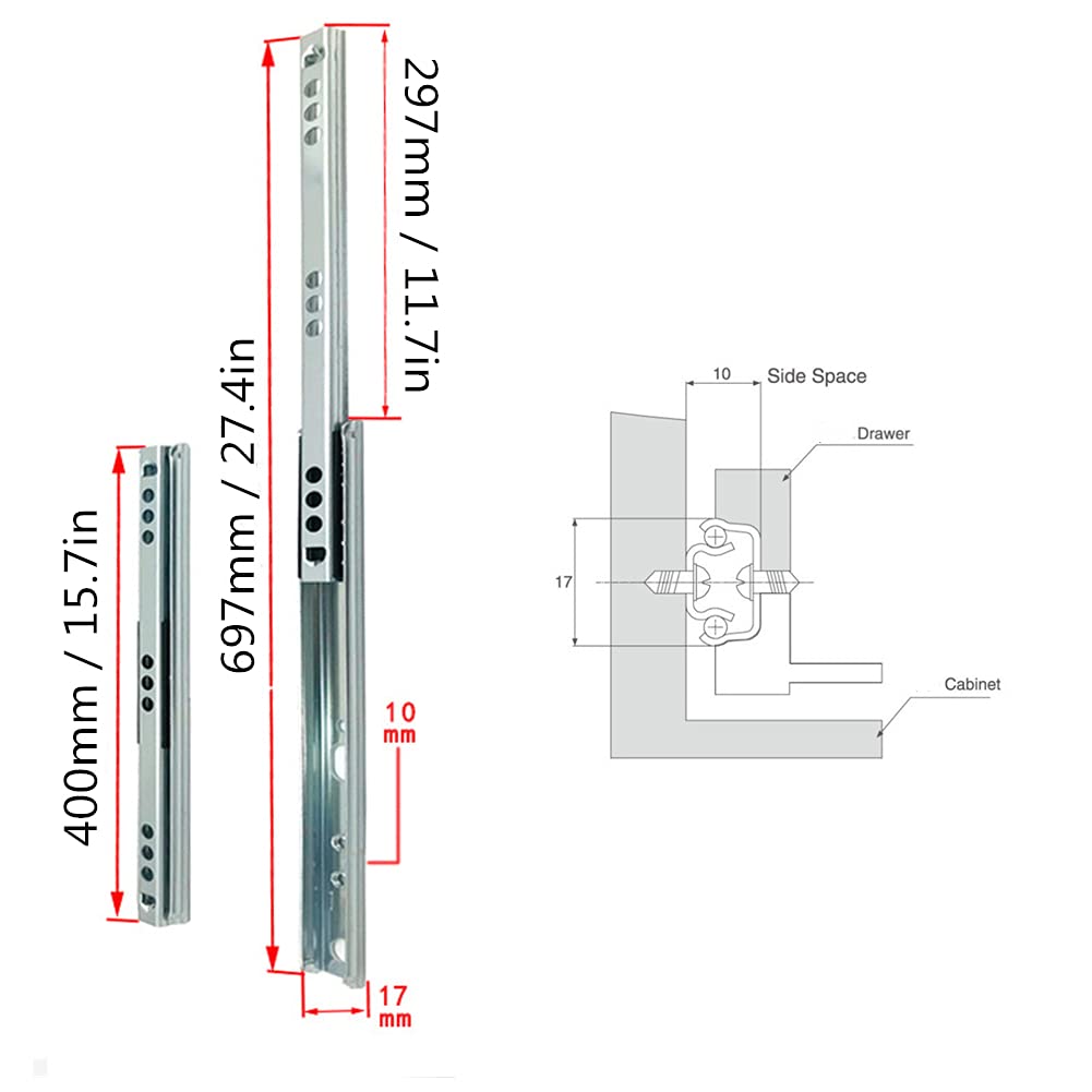 Drawer Slides, 2Pcs/Set Cold?Roll Steel Sheet Ball Bearing Drawer Slide Rail Cabinet Hardware Fitting 400x17mm