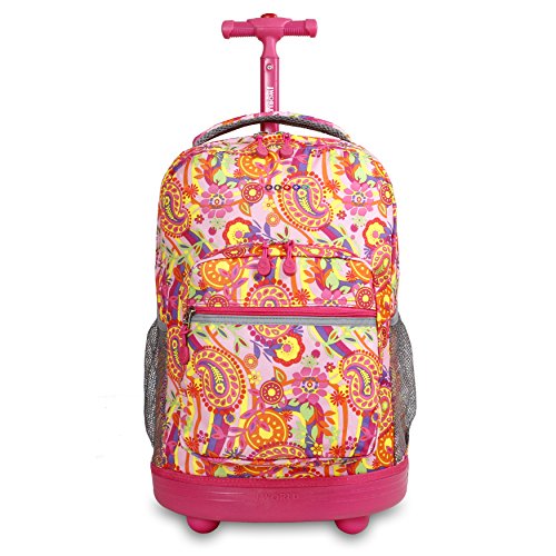 Image of J World Sunrise Kids Rolling Backpack with Wheels for Girls Boys, Roller Bookbag for School, 18 x 13 x 9 Inches, Pink Paisley