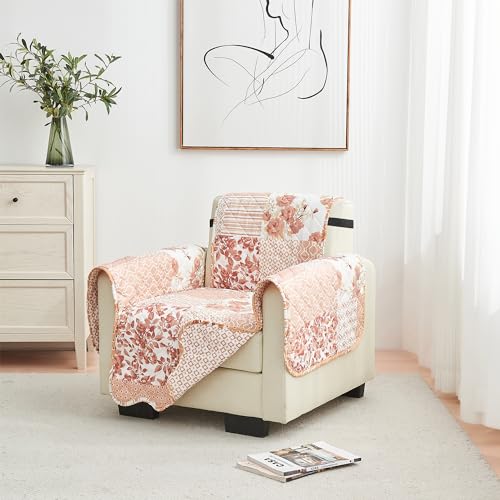 Image of Great Bay Home Reversible Patchwork Chair Cover - Washable Slipcover Furniture Protector with Elastic Straps - Perfect for Kids & Pets - Box-Stitched Detail (Dusty Rose)