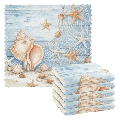 Image of Cotton Kitchen Dish Cloths, Starfish Seashell Tropical Beach Ultra Soft Absorbent Quick Drying Dish Towels, 11 x 11 Inches, 6-Pack, Reusable Cleaning Cloths