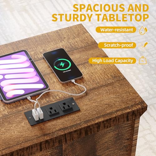 DWVO Nightstand Set of 2 with Charging Station, 2 Drawer Nightstand Farmhouse Night Stands Set of 2 End Table Side Tables Bedroom w/LED & Music Mode, Brown