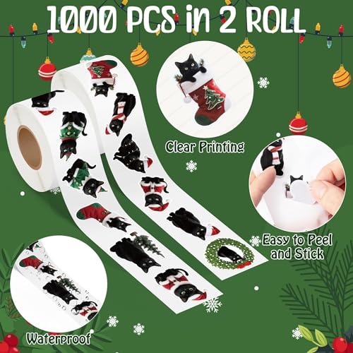 Image of Christmas Black Cat Stickers - 600 Pcs Christmas Black Cat Waterproof Vinyl Reusable Laptop Stickers Coloring Book Scrapbook Water Bottle Page Activity Pad Party Favors Skateboard Giftwrap
