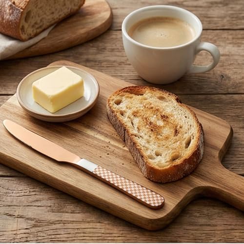Image of 9 inch Rosegold Steak Knives Set of 5 with Checks Printed Handle ? Durable Stainless Steel Dinner Knife, Mirror Polished Silverware, Perfect for Home, Restaurant, and Gifting