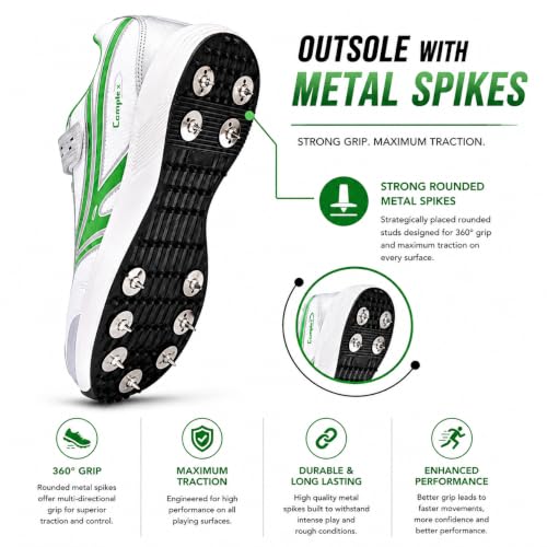 Image of Pro ASE Lightweight Cricket Shoes - Durable & Comfortable | Ideal for Turf, Ground & Hard Surfaces | Allrounder Design with Metal Spikes, Velcro & Superior Grip | White, Blue, Green, Red