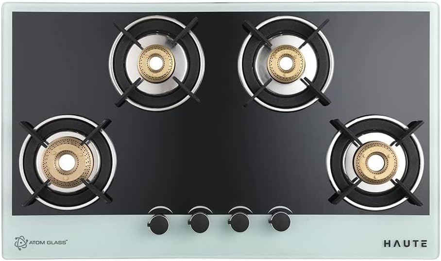 Evoque Series 2.0 Black & White 4 burner Cooktop | Manual Ignition Gas Stove |Glass Top -1 Jumbo, 1 Medium, 2 small,Freestanding Toughened Glass, (Free Installation ,Door Step Service )