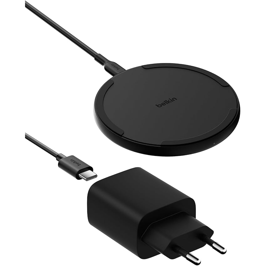 Belkin Pad di ricarica wireless (15 W), caricabatterie Qi per Apple iPhone 16, iPhone 15/14/13 serie, AirPods, Samsung Galaxy S25, Galaxy S24, Pixel - incl. alimentatore e cavo - Nero