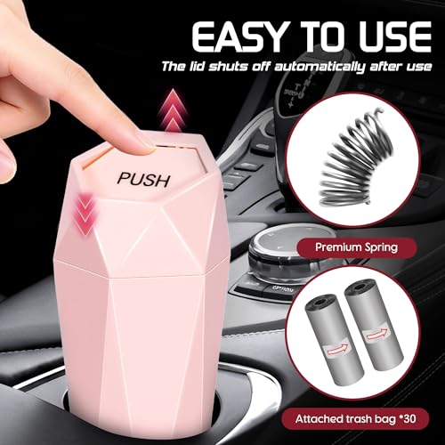 Image of Car Trash Can with Lid, Mini Car Trash Cup with 30 Additional Trash Bags, Car Accessories for Interior, Leakproof Vehicle Garbage Bin for Car, Home, Office - 2 Packs, Pink