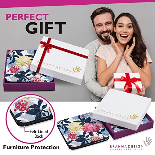 Image of Wooden Coaster Set with Gift Box | Mia Floral Design | Set of 4 Tabletop Square Coasters 3.75 inch x 3.75 inch | Kitchen Table Wooden Decorative Items | for Cups, Mugs, Cans, Glasses