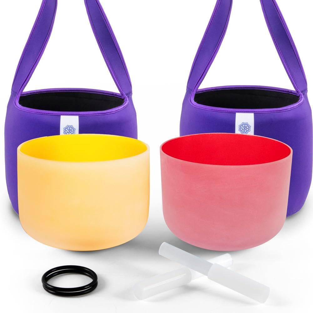 FMTY 10inch Crystal Singing Bowls set prefect pitch(10HZ) Red(Root)+ Yellow(Solar Plexus) with Soft Carrying Bag Sound Bowls Chakra Bowl
