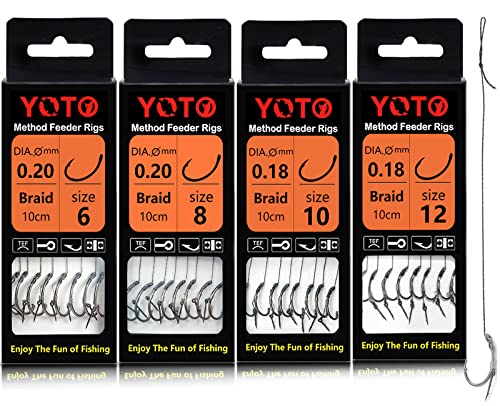 YOTO Method Feeder Fishing Hair Rigs 24 PCS 4" Braided Line Method Leader Barbed Krank Hook Method Hook with a Needle(#6#8#10#12) Cover