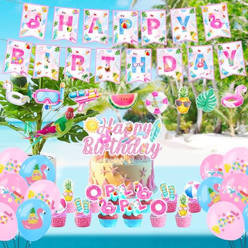 Image of Summer Pool Beach Party Decorations - Happy Birthday Pool Banner,Cake Topper with Cupcake,Balloons,Happy Birthday Swim Party Supplies for Girls