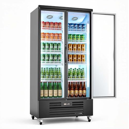 Image of VEVOR Commercial Merchandiser Refrigerator, 24.9 Cu.Ft / 705L Upright Beverage Cooler, 2 Glass Door Display Refrigerator with 5 Adjustable Shelves, Soft LED Light & Casters for Bars Shops Supermarkets