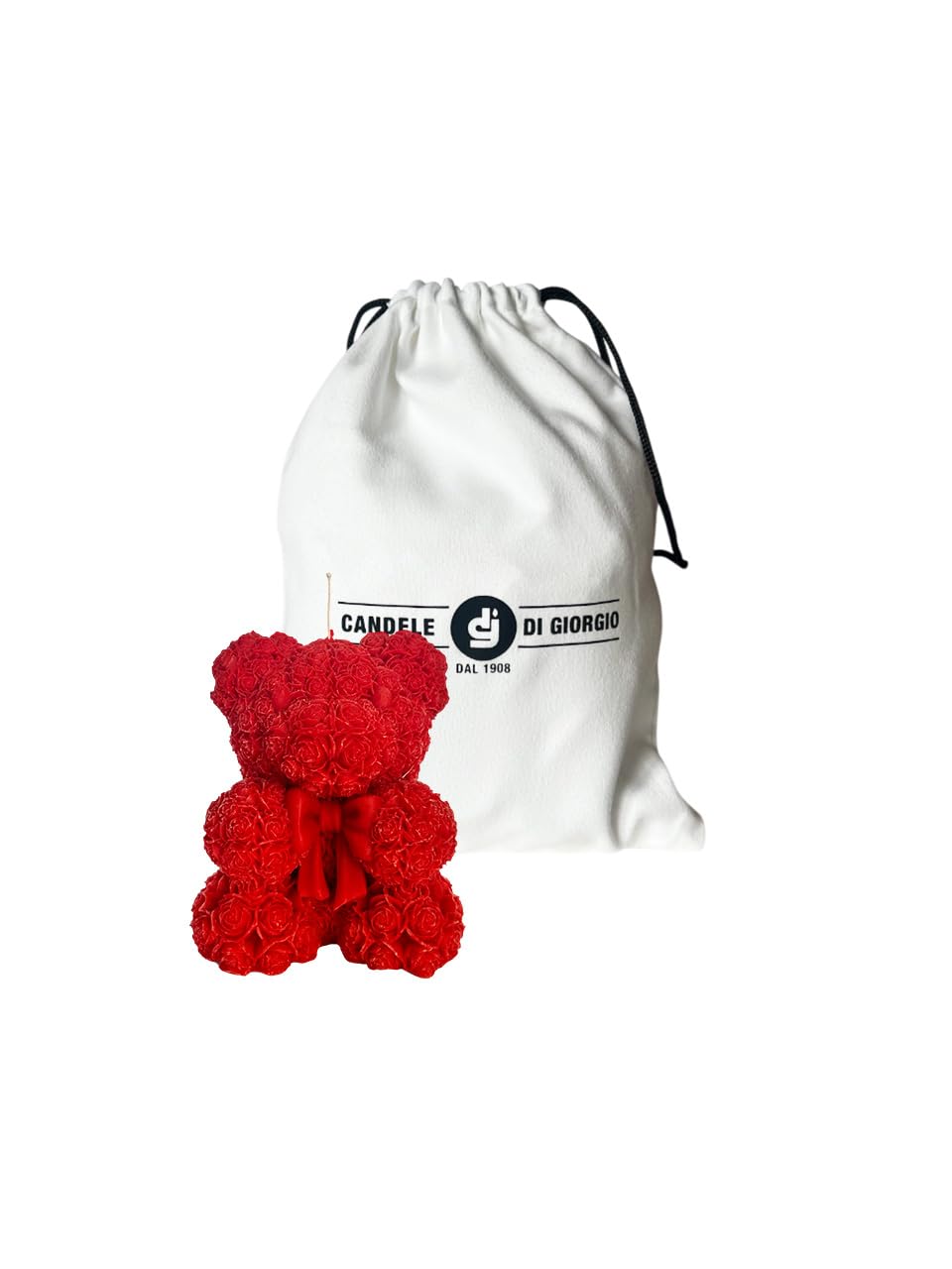 Vela con forma de osito con pétalos - Bolsa regalo - Vela artesanal - Diámetro 8 cm altura 10 cm - Regalo San Valentín - Bombonera - Color rojo - Cereria Di Giorgio