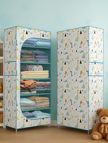 Image of BONTEC Baby Wardrobe for Clothes - almirah - Rack fot Storage Multipurpose Plastic almirah Printed Cover 6 Shelves Storage Clothes Storage Rack Quick Cabinet /Multipurpose (Baby Dinosaur)