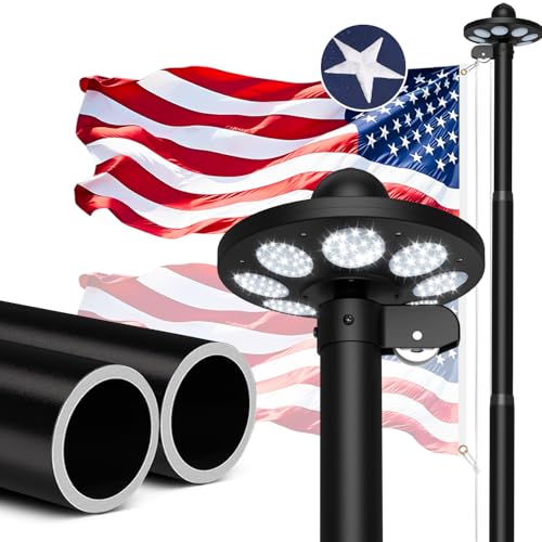 Larrik 10 Gauge Flag Pole for Outside House 120 MPH Heavy Duty Flagpole Hardware Kit 3mm Thick with Solar Light 20FT Black with 1 Flag for In Ground Use