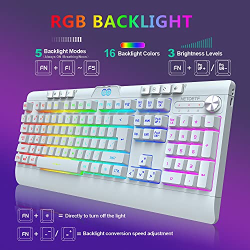 Wireless Gaming Keyboard and Mouse Combo with Rainbow LED Backlit Rechargeable 4000mAh Battery Mechanical Ergonomic Waterproof Dustproof 7 Color Mice for Computer PC Mac Gamer (White) - Thumbnail 2