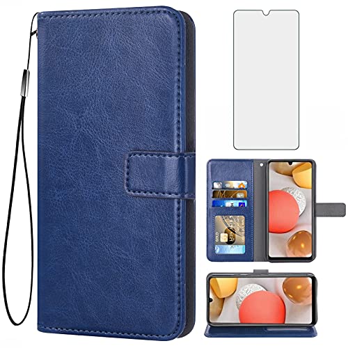 Coque Samsung Galaxy A42 5G en cuir premium bleu et sa vitre de protection