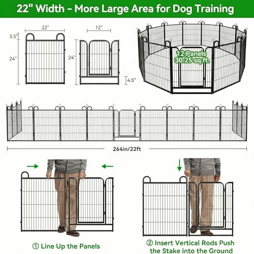 Image of Puppy Playpen 12 Piece Panels Small Dog Fence Outdoor Indoor Use 24 inch Height | Anti-Rust with Doors Portable Dog Play Pen for RV Camping Yard, Total 22FT, 30.25 Sq.ft, Snowy Black